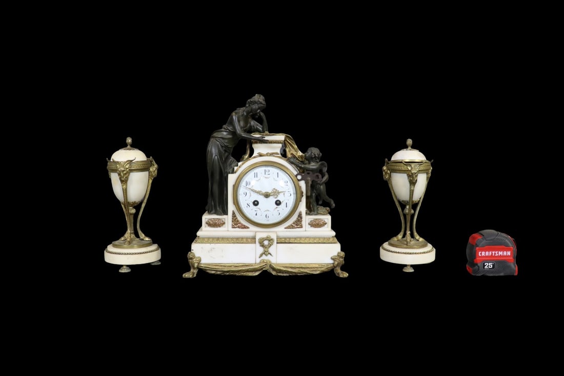 3 PIECE MARBLE & BRONZE FIGURAL CLOCK SET (1 of 15)