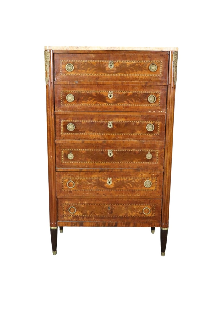 LOUIS XVI STYLE BRONZE MOUNTED INLAID CHEST OF DRAWERS (1 of 19)