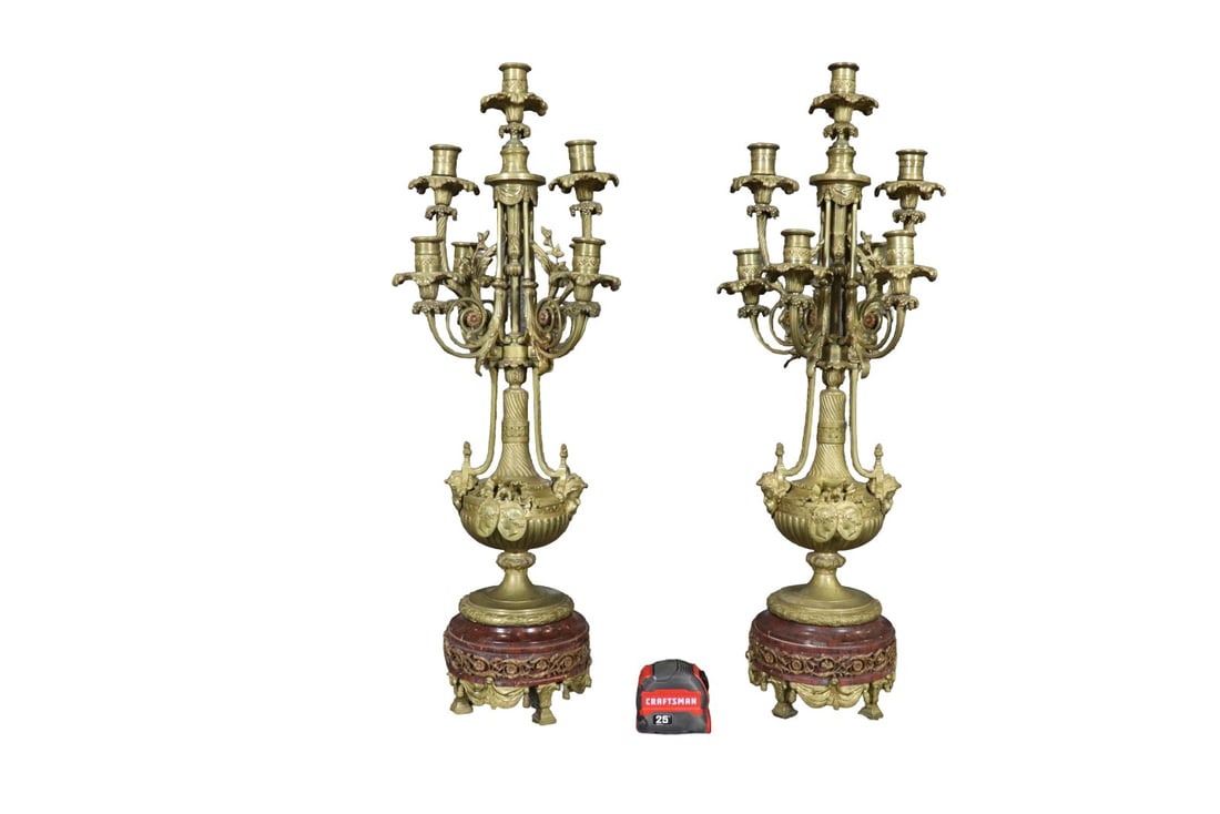 PAIR BRONZE & ROUGE MARBLE 6 ARM CANDELABRAS: Bronze. Rouge marble bases. 6 arms. Figural. 30" h x 12 3/4" diameter.