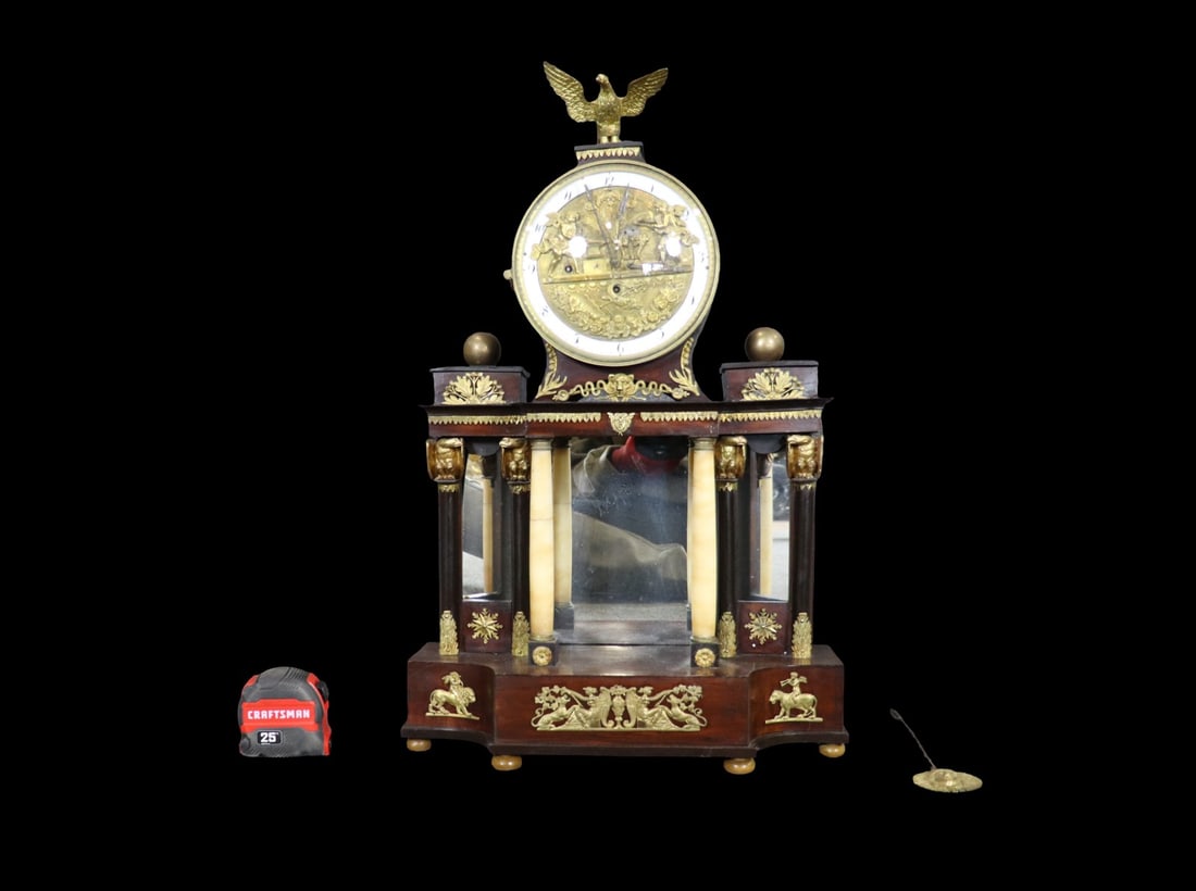 EMPIRE STYLE MAHOGANY CLOCK WITH COLUMNS (1 of 15)