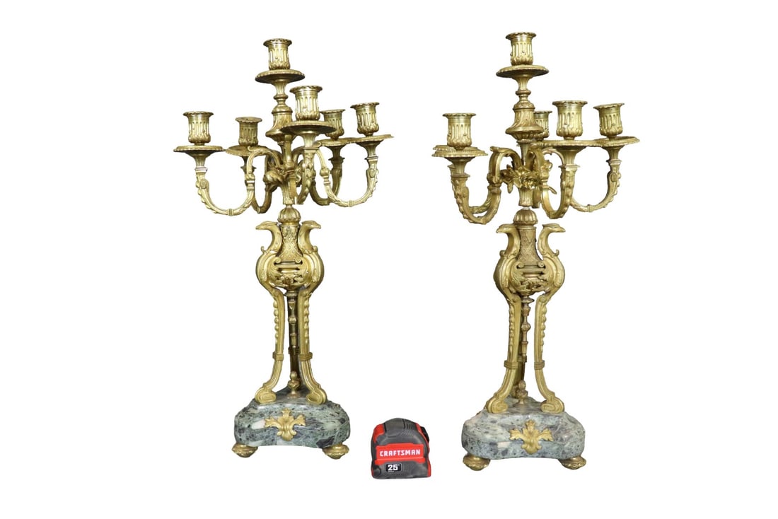 PAIR LOUIS XV STYLE BRONZE & MARBLE 6 ARM CANDELABRAS (1 of 8)