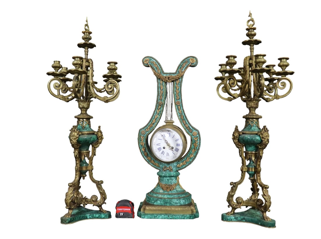 3 PIECE BRONZE & MALACHITE CLOCK SET (1 of 15)