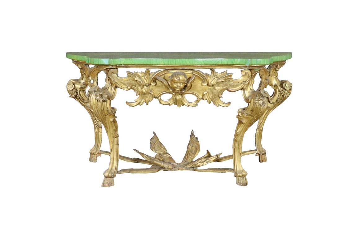 ROCOCO STYLE HEAVILY CARVED CONSOLE: Heavily carved base. Faux malachite top. 34 1/4" h x 68 1/2" w x 26 1/2" d.