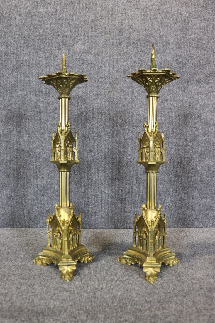 PAIR GOTHIC BRONZE CANDLESTICKS - 10