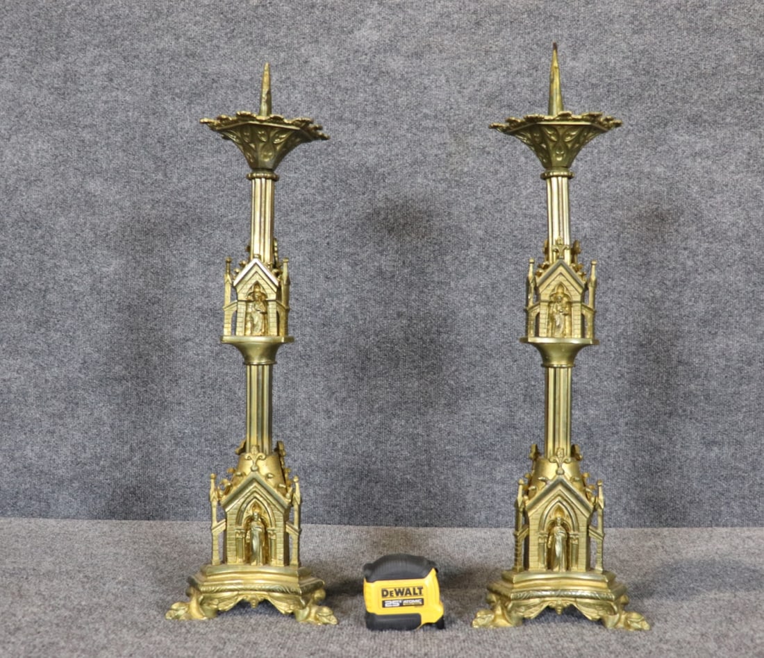 PAIR GOTHIC BRONZE CANDLESTICKS - 11