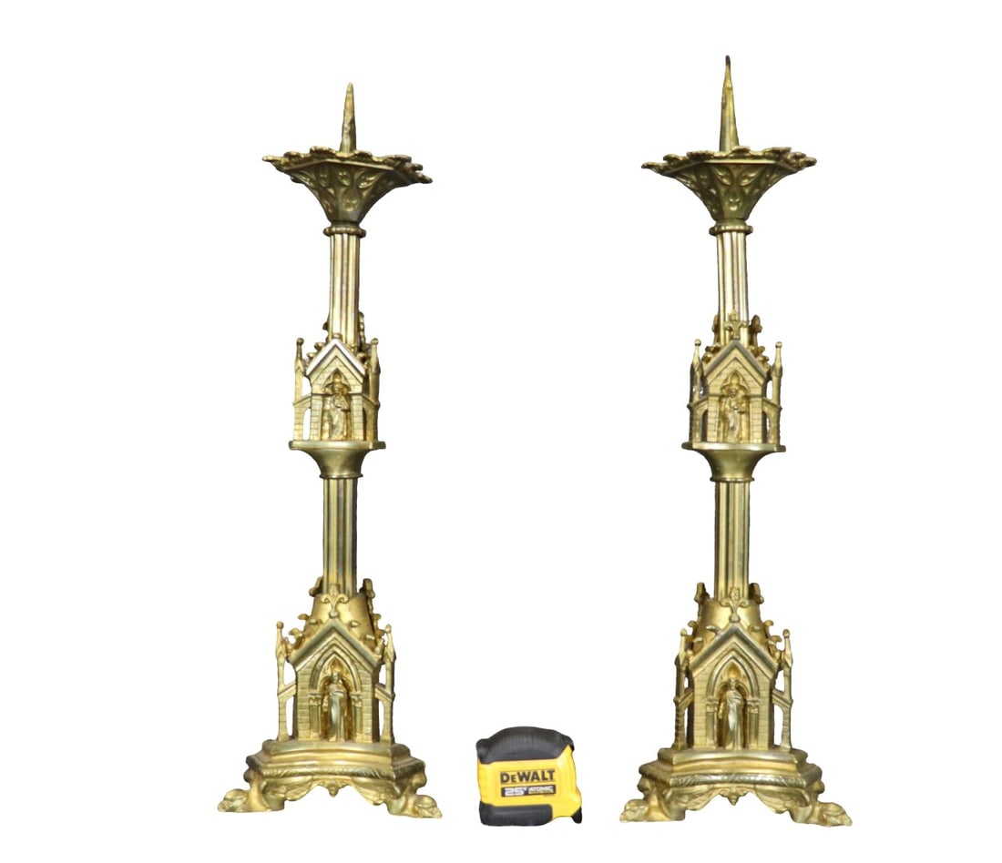 PAIR GOTHIC BRONZE CANDLESTICKS: Bronze. 26 3/4" h x 8" w x 6 1/2" d.