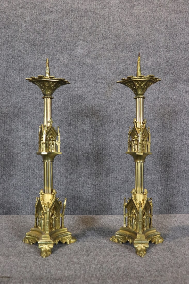 PAIR GOTHIC BRONZE CANDLESTICKS - 5