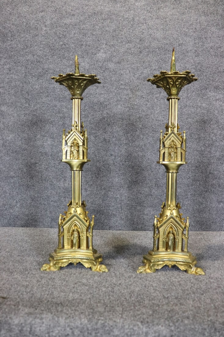 PAIR GOTHIC BRONZE CANDLESTICKS - 8