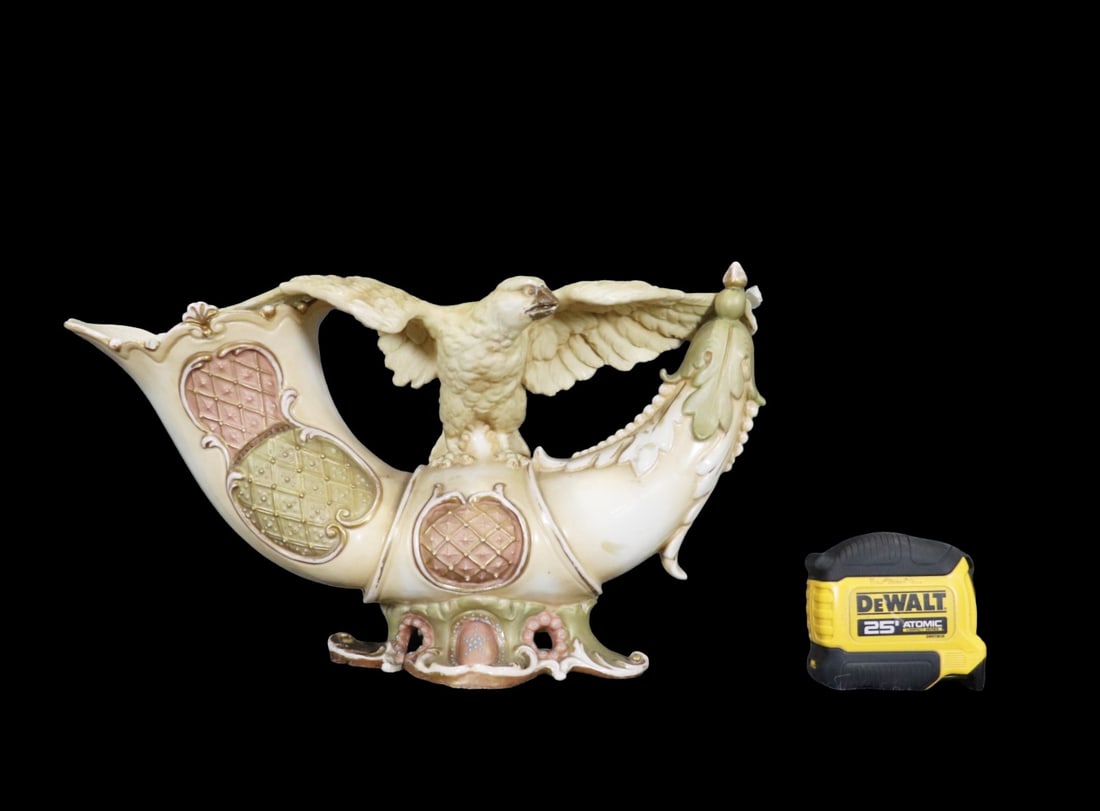 ITALIAN PORCELAIN BIRD: Porcelain. Blue makers mark on bottom. 7 3/4" h x 14 3/4" w x 6 1/4" d.