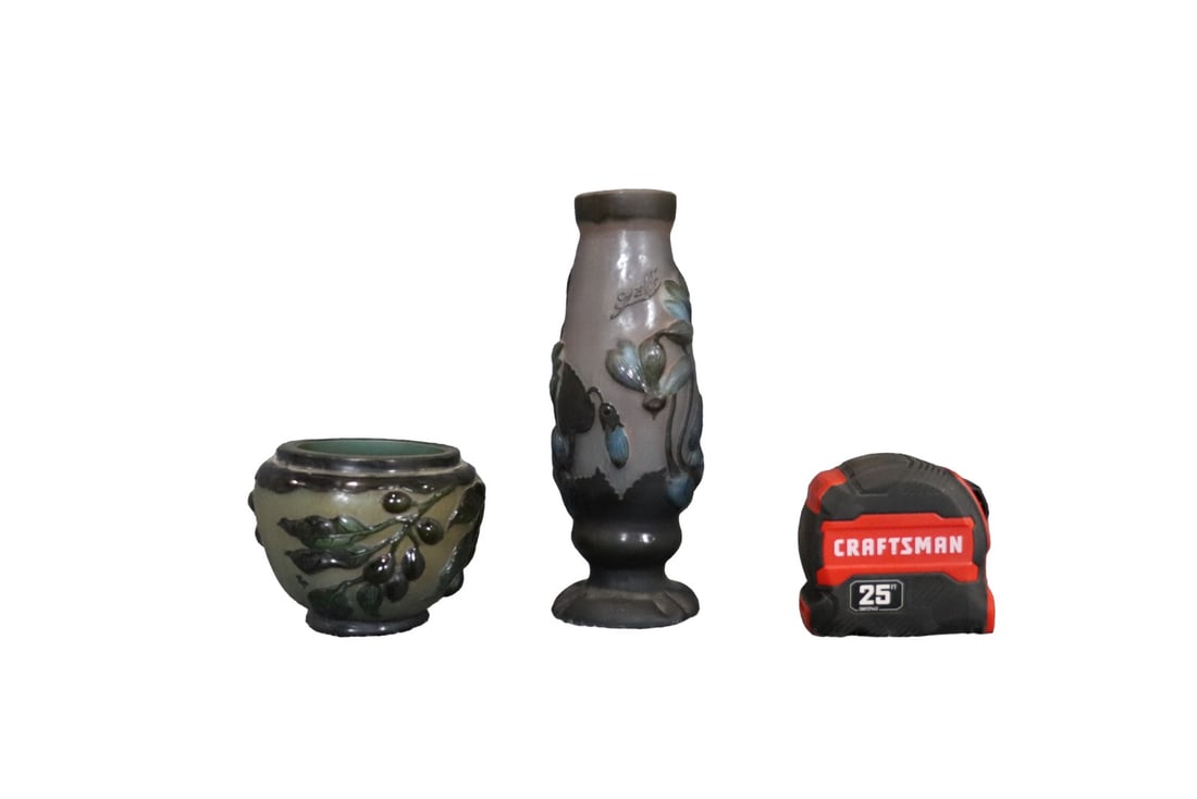 2 PIECES SIGNED GALLE ART GLASS: Signed Galle. Art glass. One measures 3 1/4" h x 4" diameter. One measures 8" h x 3" diameter.