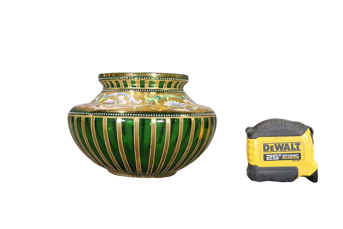 MOSER STYLE VASE: Green glass. Painted accents. 5 1/2" h x 7 1/2" diameter.