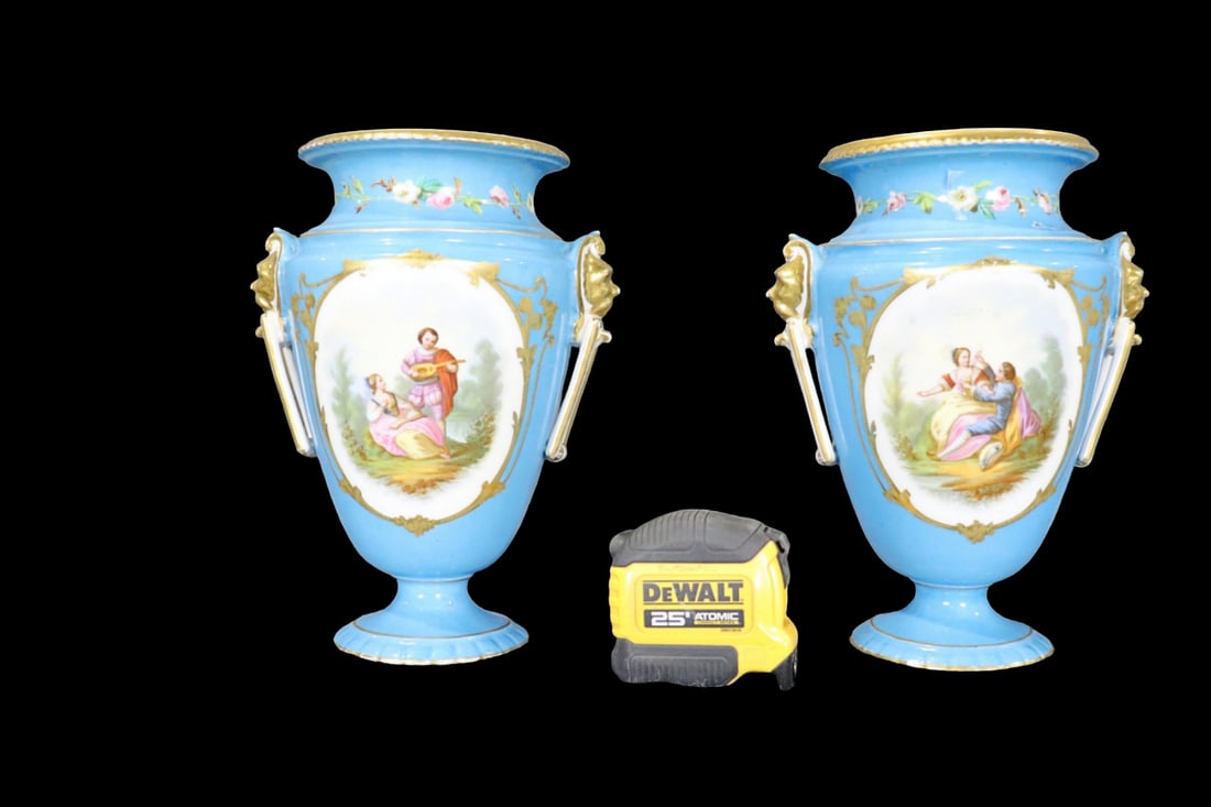 PAIR HAND PAINTED OLD PARIS VASES: Hand painted. Porcelain. 10 1/4" h x 7 1/4" diameter.