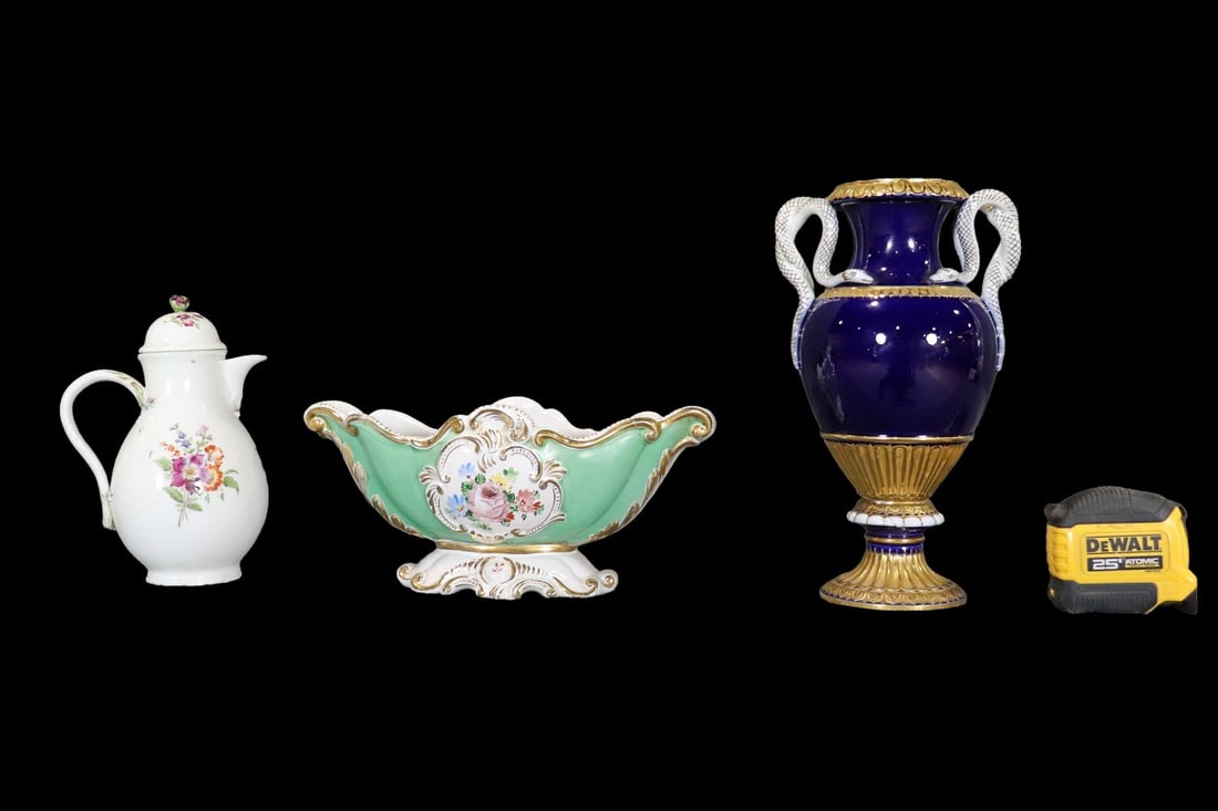 PORCELAIN VASE WITH SNAKE COVERING, PITCHER & DISH: Blue marking on bottom of pitcher. Blue marking on bottom of vase. Dish illegibly signed on bottom. Porcelain. Painted. One measures 11" h x 6 1/2" w x 4 3/4" d. One measures 8" x 4 1/4" diameter.