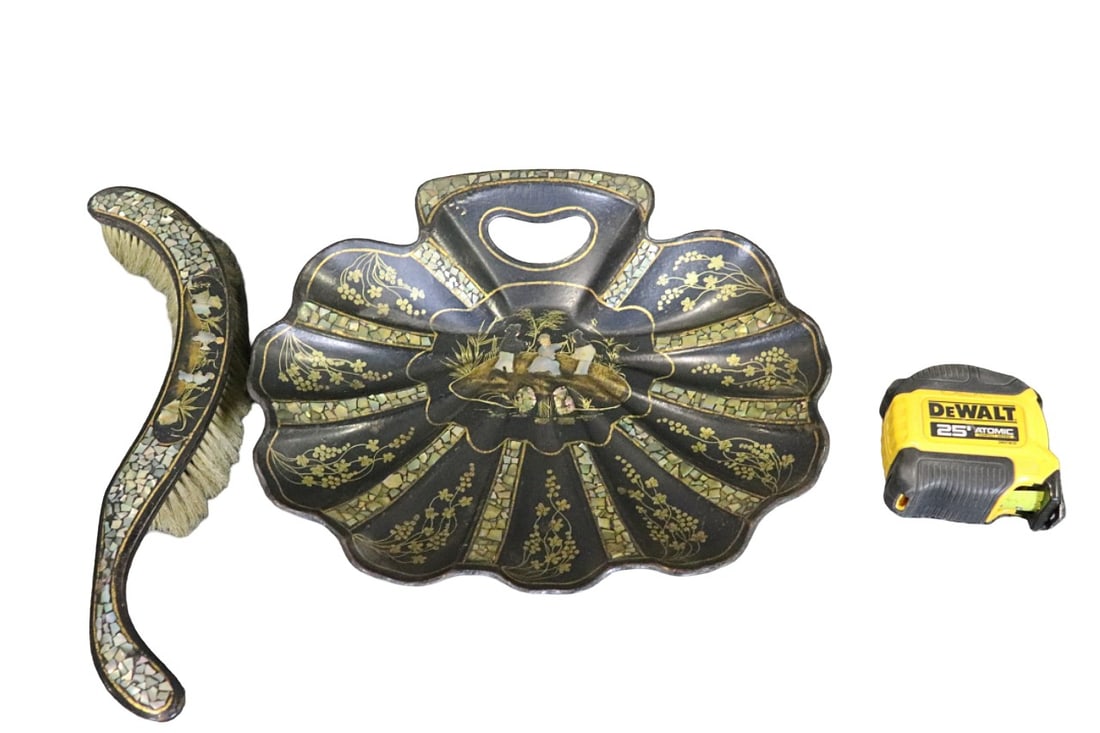 MOTHER OF PEARL INLAID 2 PIECE BUTLER SET: 2 pieces. Mother of pearl. Inlaid. One measures 1 3/4" h x 13 1/2" w x 3 1/4" d. One measures 2 1/4" h x 12 1/2" w x 10 1/2" d.