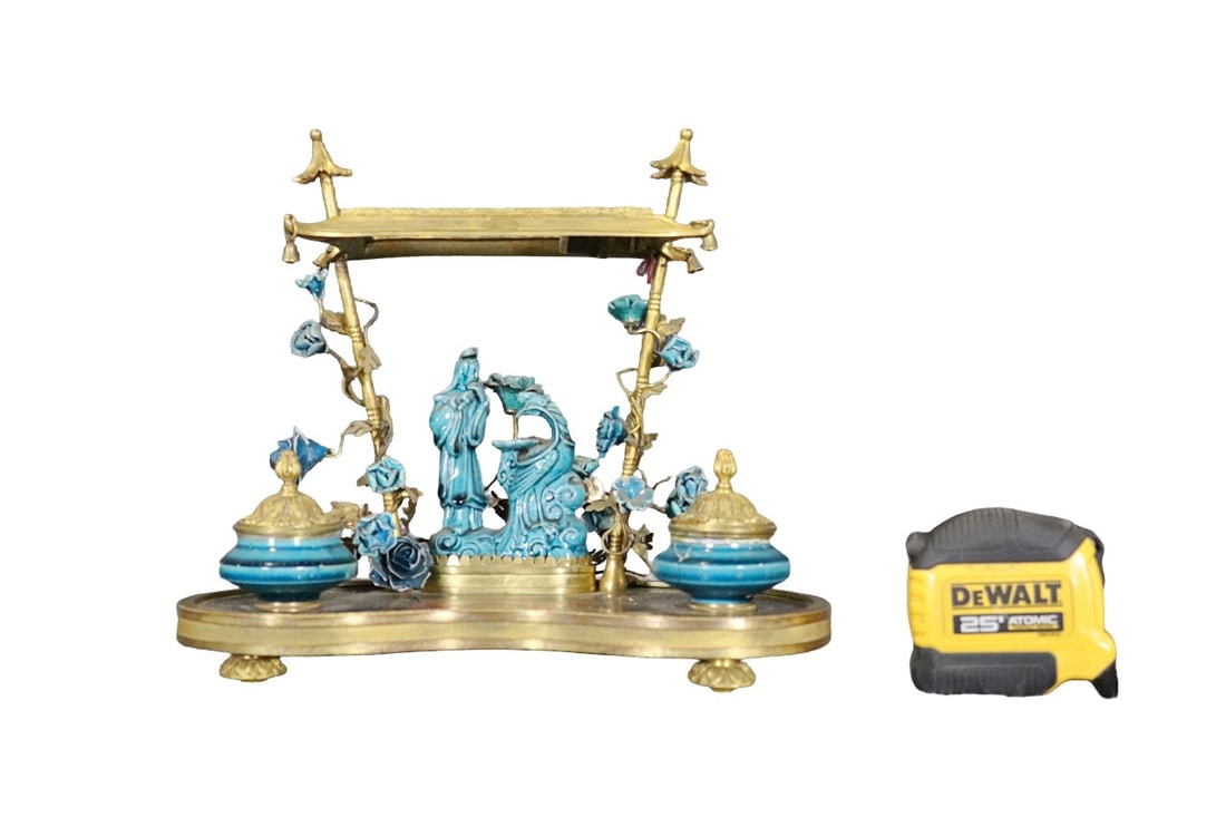 JAPANESE PORCELAIN & BRONZE INKWELL: Porcelain. Bronze. Figural. 10 1/2" h x 11 1/4" w x 7" d.