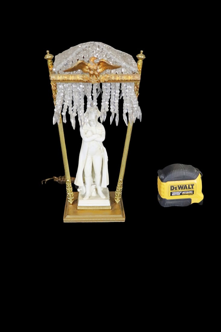 MIXED METAL & BEADED CRYSTAL FIGURAL TABLE LAMP: Mixed metals. Beaded crystal. Figural. 11 3/4" h x 6 1/2" w x 6" d.