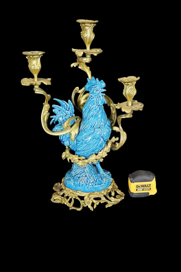 3 ARM BRONZE & PORCELAIN ROOSTER CANDELABRA (1 of 9)