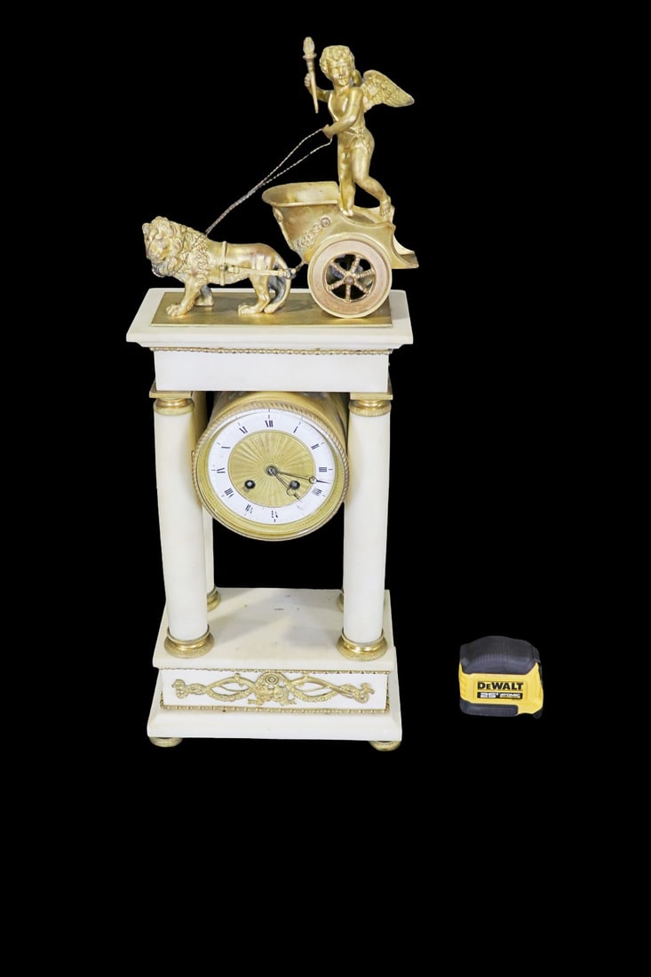 FRENCH BRONZE FIGURAL EMPIRE CLOCK WITH CHERUB ON TOP OF LION (1 of 10)