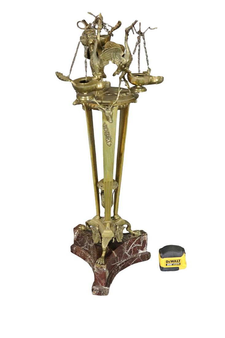 EMPIRE STYLE BRONZE INCENSE WITH BIRDS & ROUGE MARBLE BASE (1 of 8)