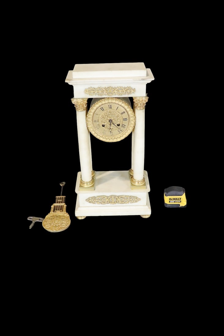 FRENCH DORE BRONZE & WHITE CARRERA MARBLE MANTEL CLOCK (1 of 12)