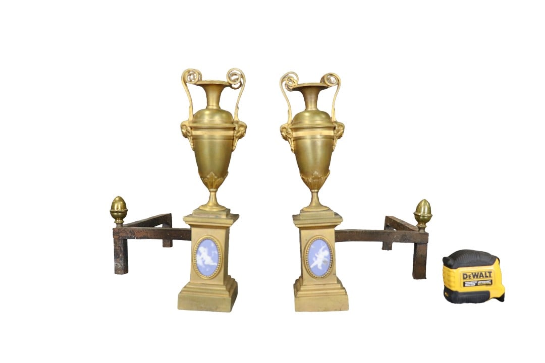 PAIR BRONZE & WEDGEWOOD ANDIRONS: Bronze. Wedgewood inserts. 13 3/4" h x 10 1/2" w x 18 1/2" d.