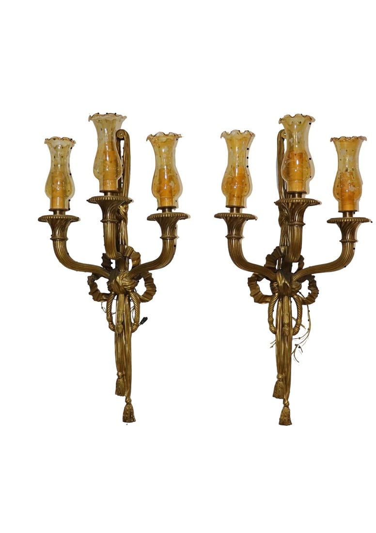 PAIR BRONZE RIBBON FORM 3 ARM WALL SCONCES WITH SHADES (1 of 8)
