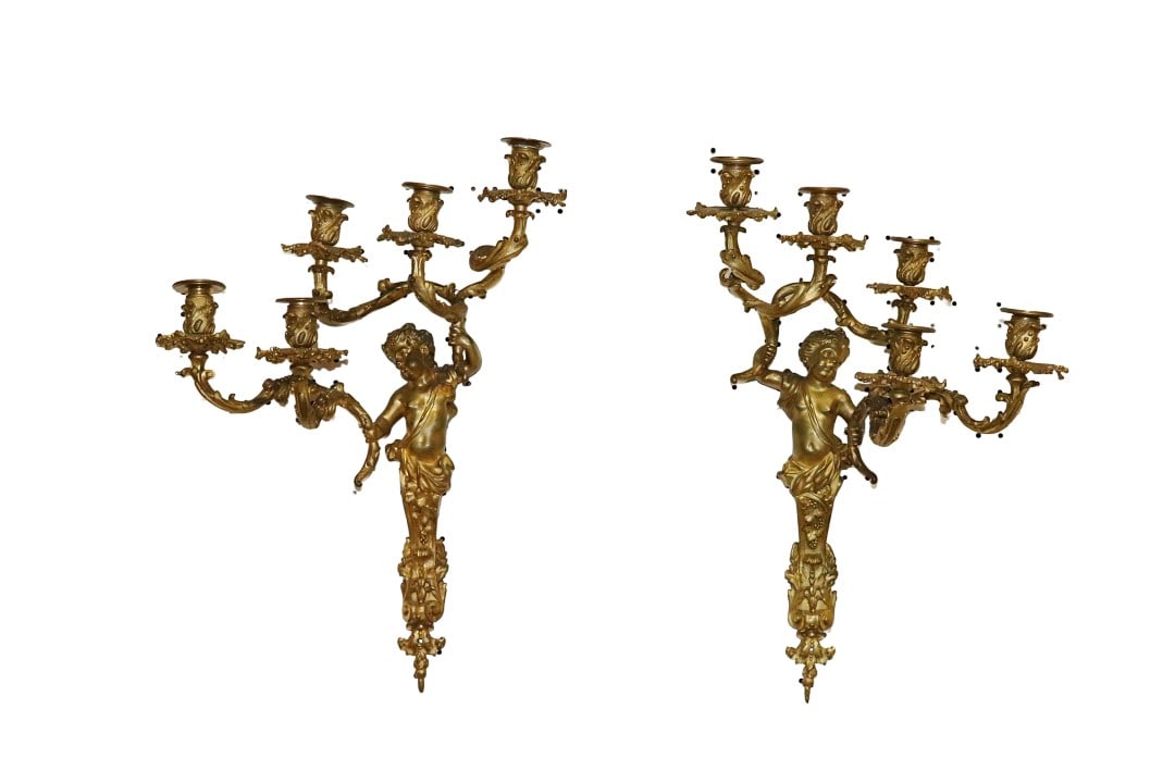 PAIR FIGURAL 5 ARM BRONZE WALL SCONCES MANNER LINKE (1 of 8)