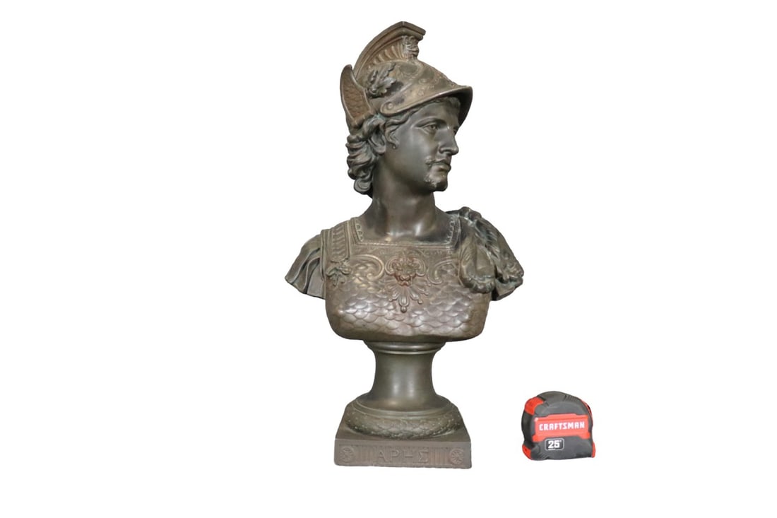 MIXED METALS BUST ROMAN DEITY MERCURY (HERMES): Mixed metals. Illegibly signed. 21 1/2" h x 12" w x 8" d.