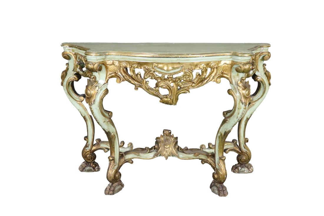 ROCOCO STYLE GOLD LEAF CONSOLE: Wood. Carved. Painted. Gilded. 37" h x 57" w x 22" d.