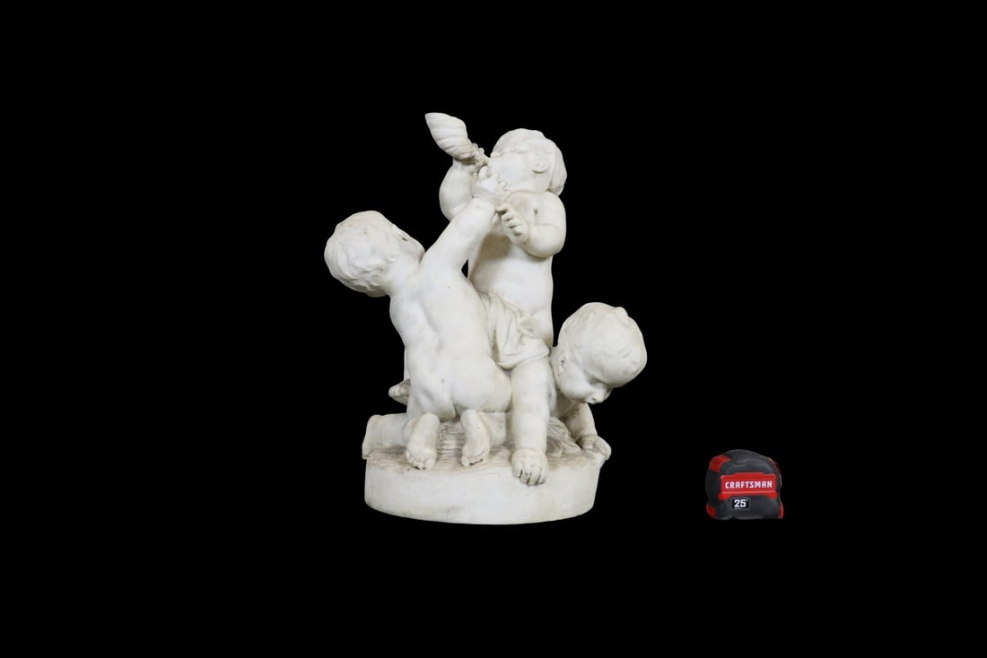 WHITE CARRERA MARBLE STATUE 3 BOYS: White Carrera marble. 19 3/8" h x 15 5/8" w x 14" d.