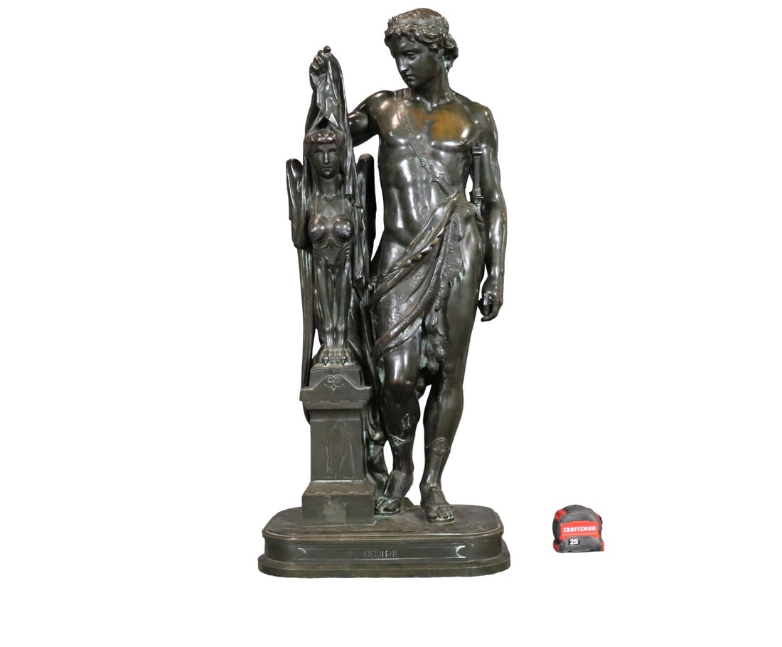 SIGNED EMILE-HEBERT 19TH C BRONZE SCULPTURE OEDIPUS & THE SPHNIX (1 of 12)