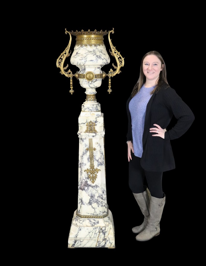 3 PC BRONZE MOUNTED WHITE & BLACK MARBLE JARDINIERE & PEDESTAL (1 of 15)