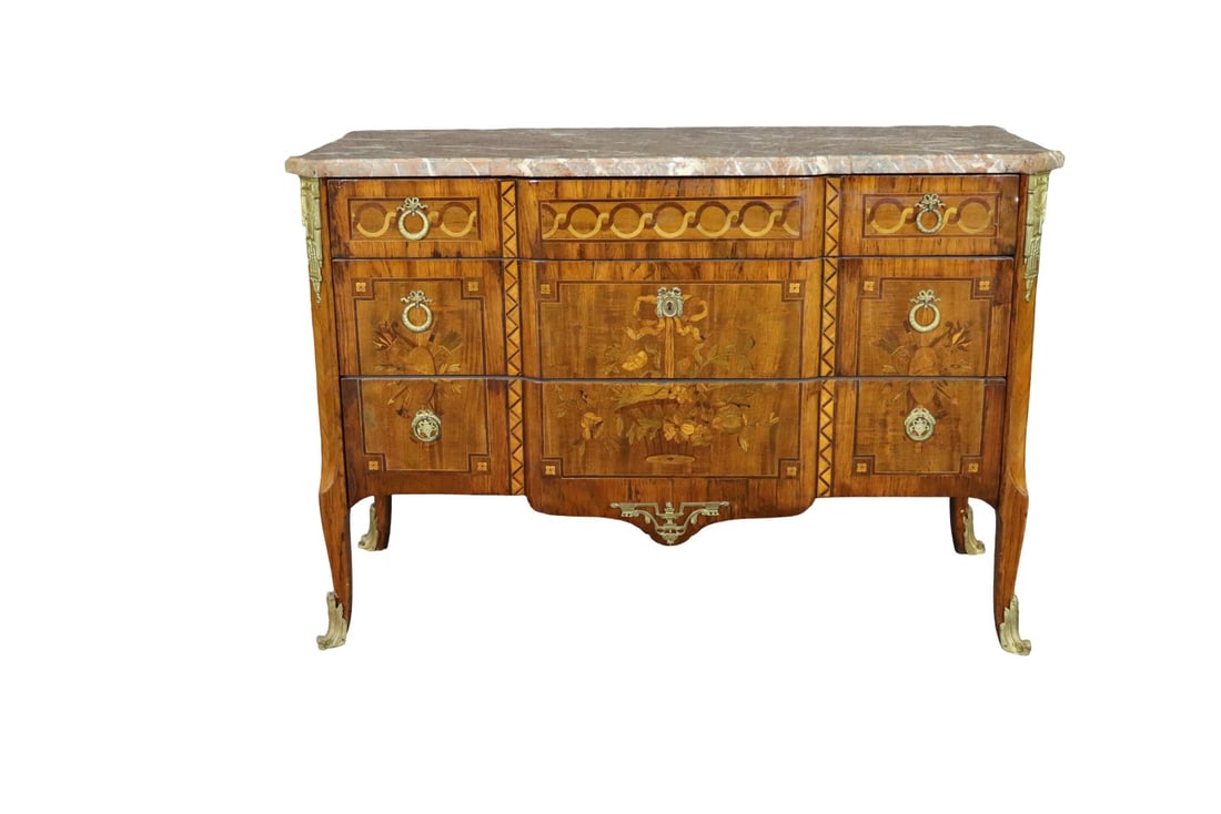 LOUIS XVI STYLE MARBLE TOP BRONZE MOUNTED COMMODE AFTER PAUL SORMANI: Bronze mounted. Marble top. 3 dovetailed drawers. Inlaid. Marquetry. 35" h x 51 1/4" w x 20 3/4" d.