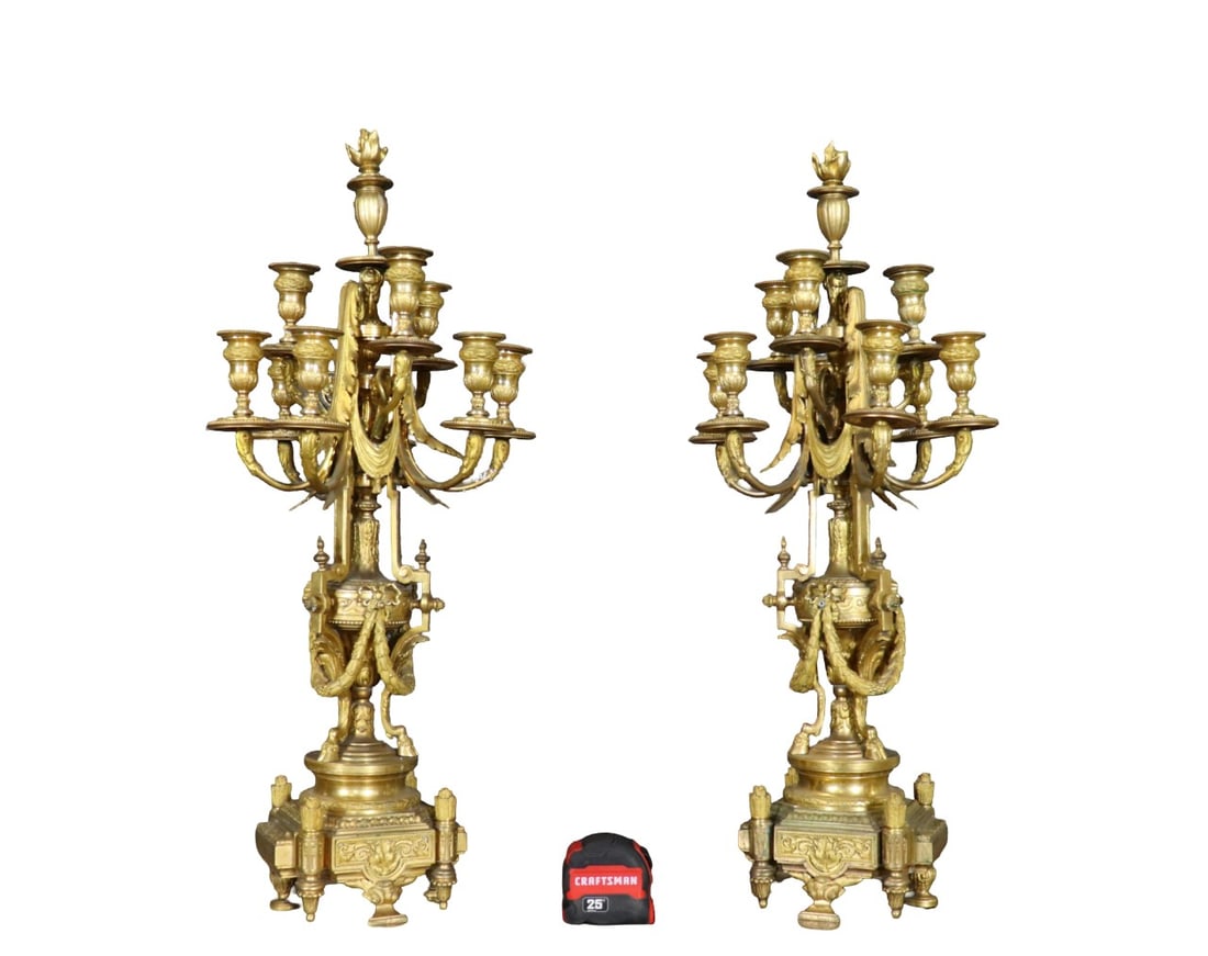 PAIR LARGE BRONZE CANDELABRAS: Bronze. 9 arms. 29 1/4" h x 13" diameter.