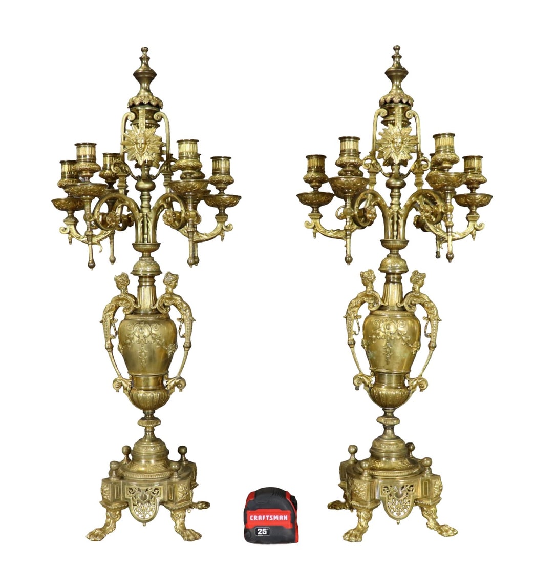 PAIR BRONZE 6 ARM FRENCH VICTORIAN CANDELABRAS: Bronze. 6 arms. Figural. Claw feet. 30 1/4" h x 12 1/2" w x 7" d.