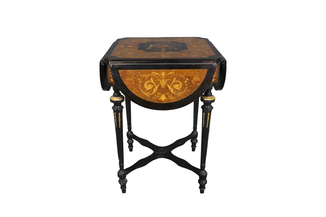 MARQUETRY INLAID 4 WING SIDE TABLE: Marquetry. Inlaid. 4 wings. 30 1/2" h x 22 1/2" square (closed) x 37 1/4" (open).