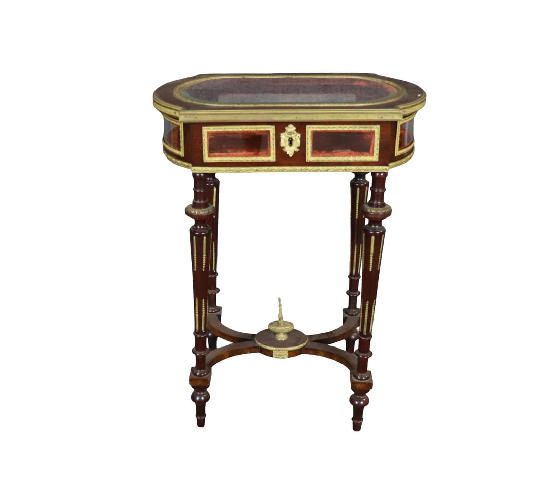 LOUIS XVI STYLE SATINWOOD BRONZE MOUNTED GLASS TOP DISPLAY TABLE (1 of 11)