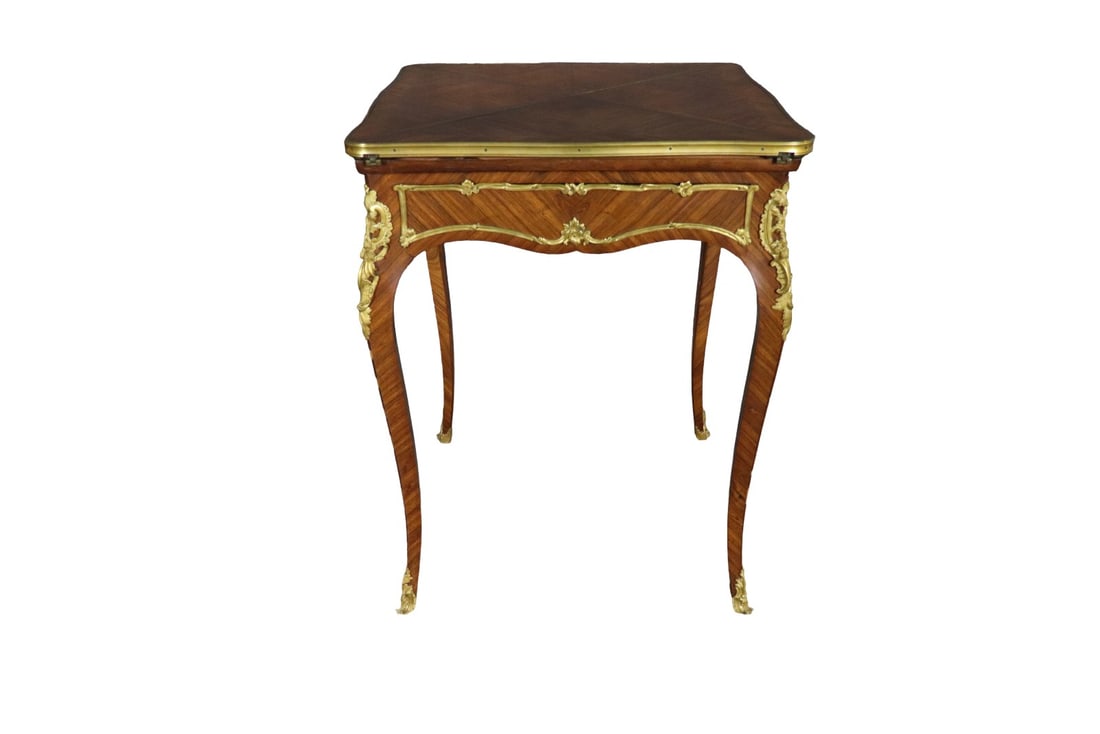19TH C INLAID MARQUETRY BRONZE MOUNTED ENVELOPE GAME TABLE ATTIBUTED F. LINKE (1 of 10)