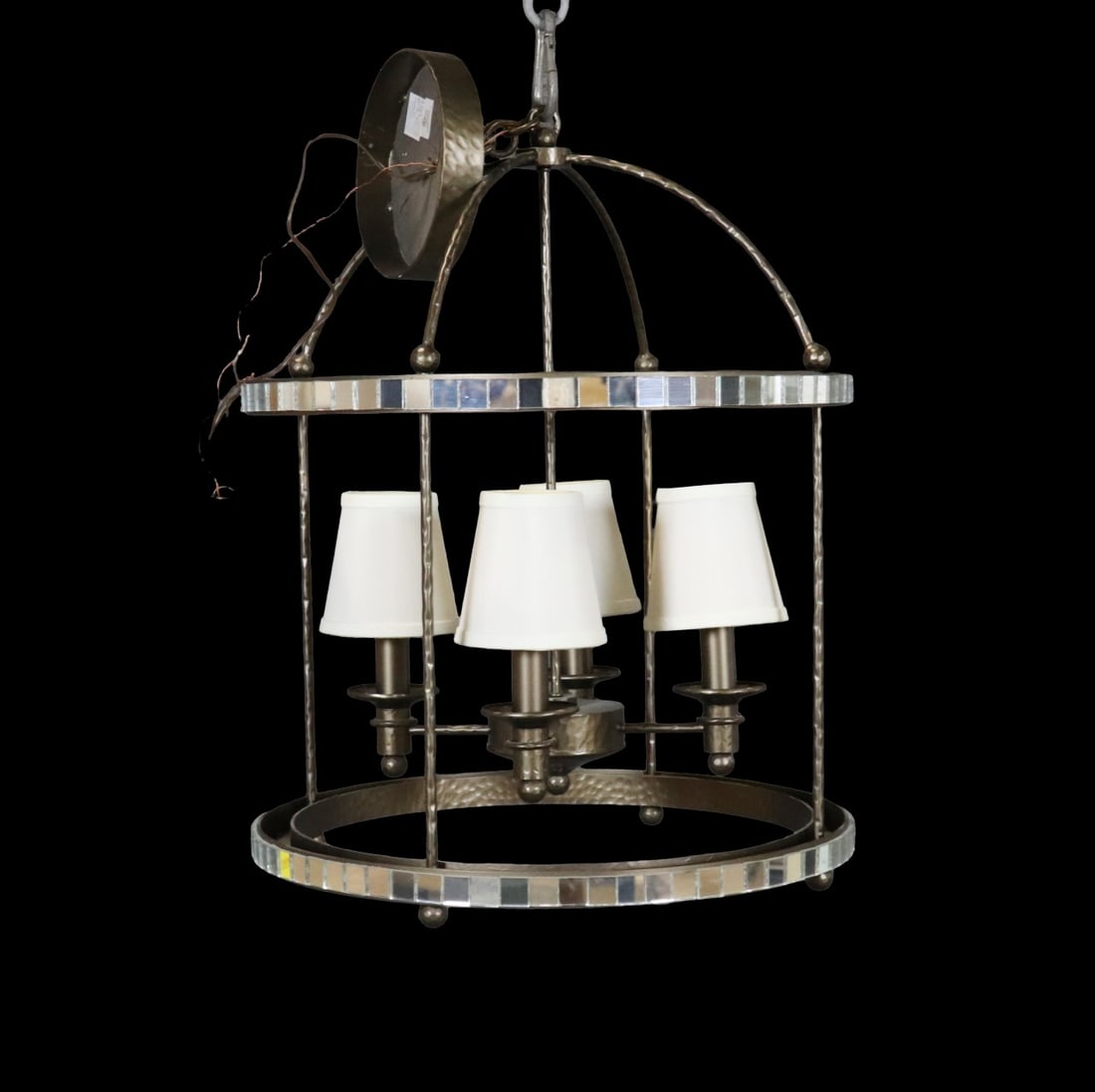 GIACOMETTI STYLE LANTERN CHANDELIER: Mirrored accents. 4 white fabric lampshades. Metal. 28 1/8" h x 22" diameter.
