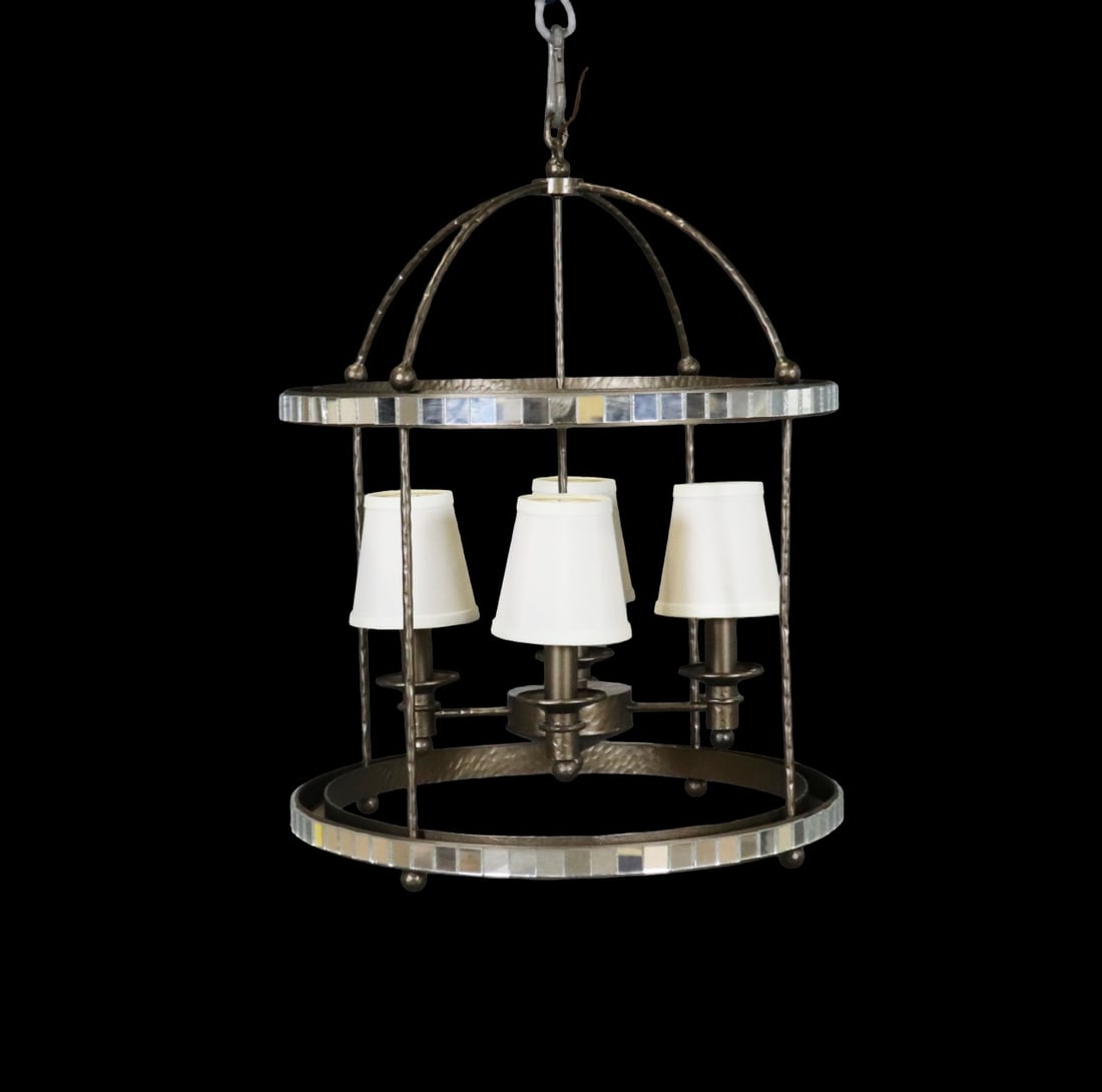 GIACOMETTI STYLE LANTERN CHANDELIER: Mirrored accents. 4 white fabric lampshades. Metal. 28 1/8" h x 22" diameter.