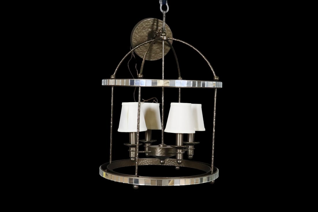 GIACOMETTI STYLE LANTERN CHANDELIER: Mirrored accents. 4 white fabric lampshades. Metal. 28 1/8" h x 22" diameter.