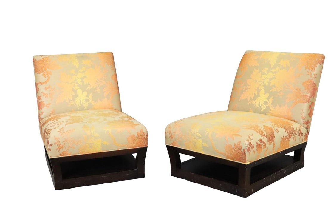 PAIR DONAGHIA SLIPPER CHAIRS: Wood bases. Upholstered. 31 1/8" h x 24 3/4" w x 39" d. Seat height 15 1/2".