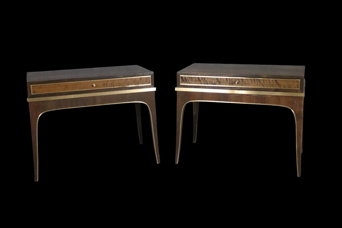 PAIR NEWELL DESIGN 1 DRAWER NIGHT STANDS: Wood. Metal accents and hardware. 1 dovetailed drawer. 27 1/8" h x 34 1/8" w x 18 7/8" d.