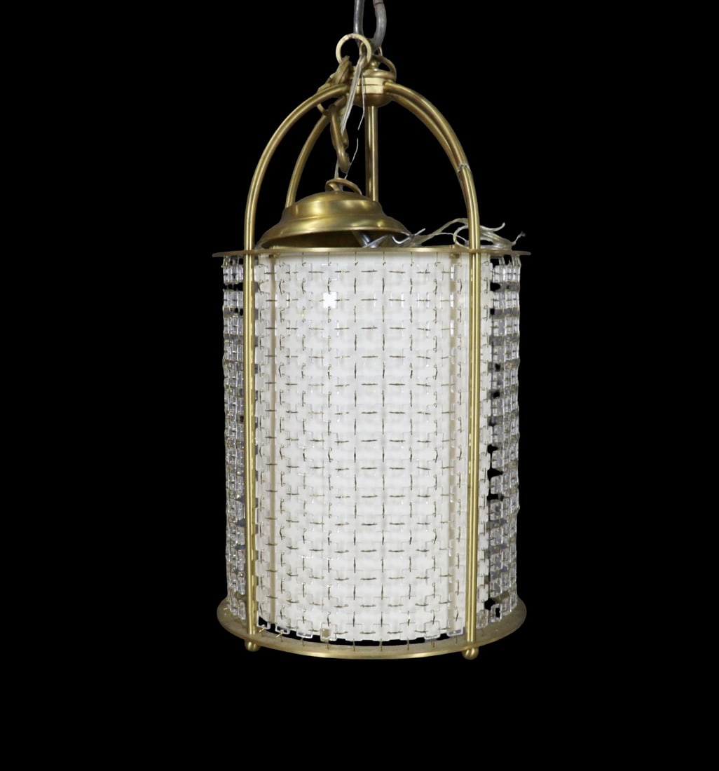 VINTAGE STYLE CRYSTAL & BRASS HANDING PENDANT LIGHT CHANDELIER: Made in Italy. Crystal. Brass. 3 lights. 22 1/2" h x 11 7/8" diameter.