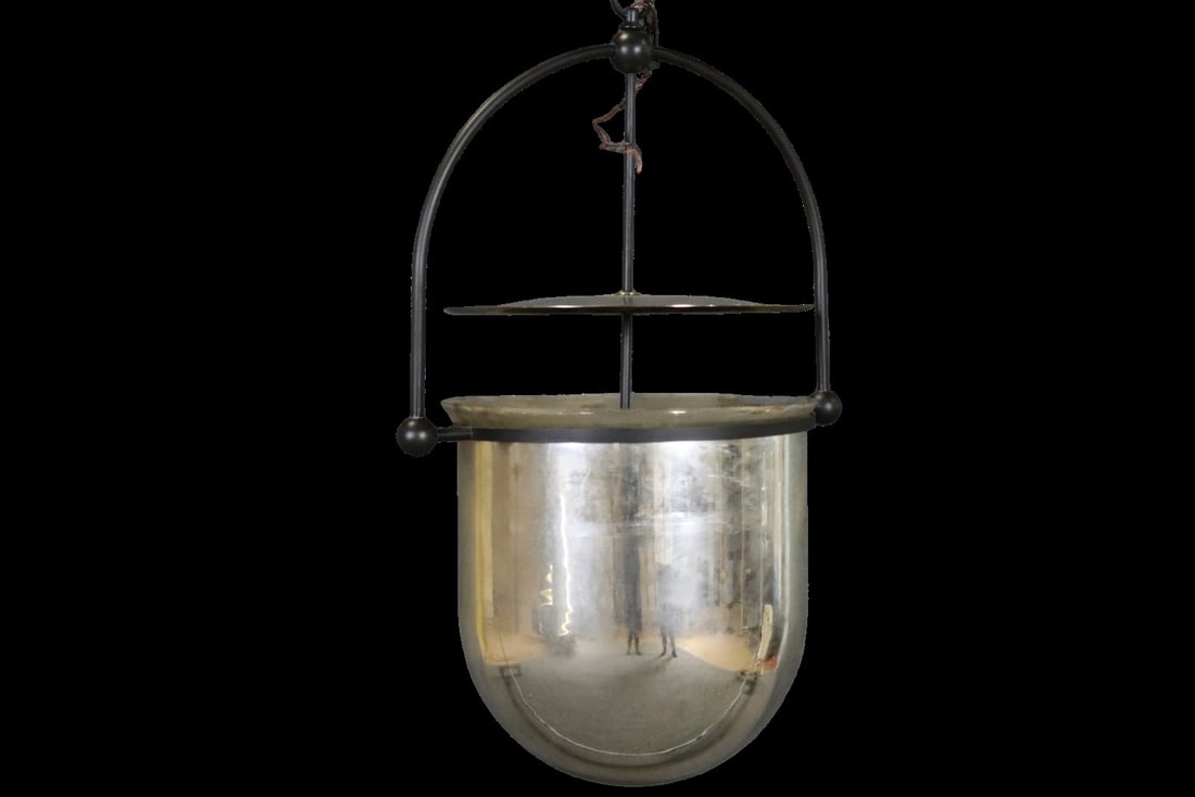 MERCURY STYLE LANTERN: Metal frame. Mercury glass shade. 31" h x 21 1/2" diameter.