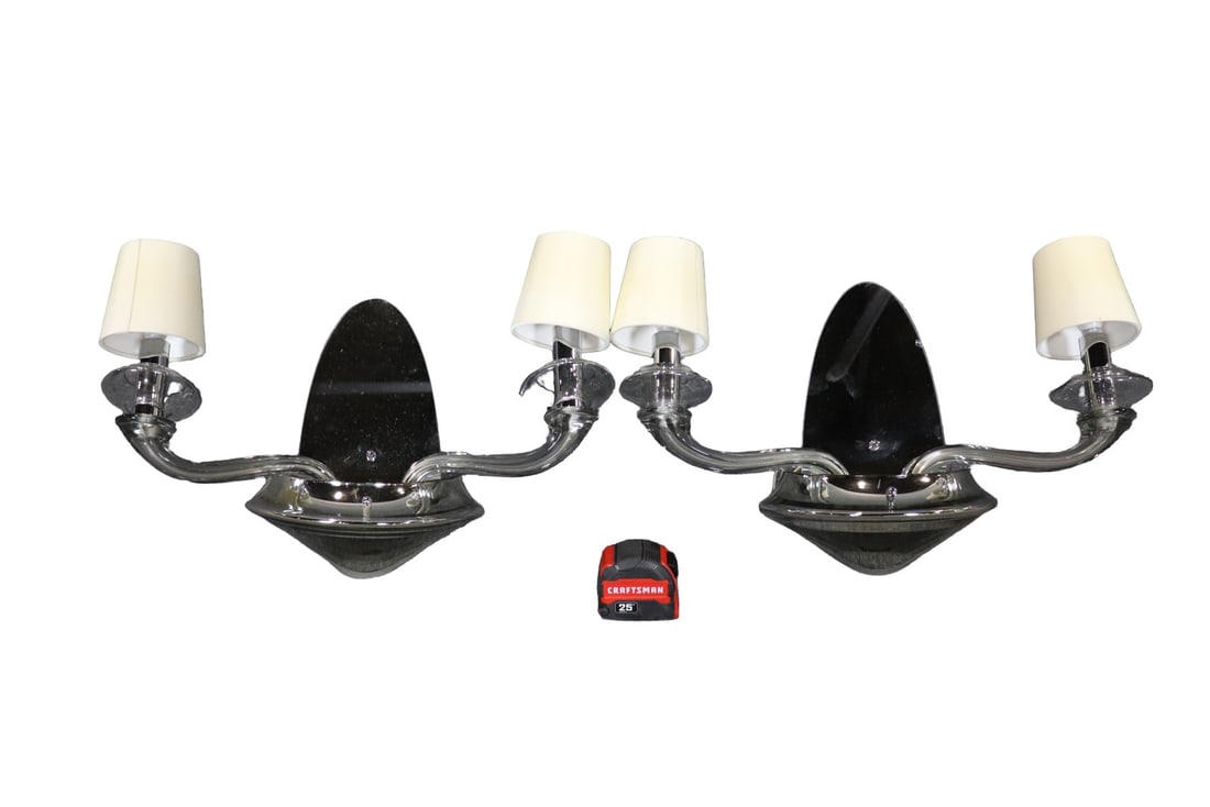 PAIR MURANO GLASS CHROME & MIRRORED WALL SCONCES: Murano glass. Chrome. Mirrored. 2 lights. 14" h x 23" w x 5" d.