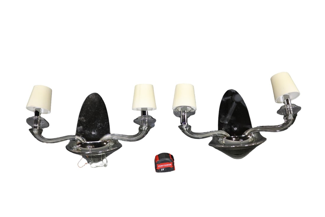 PAIR MURANO GLASS CHROME & MIRRORED WALL SCONCES: Murano glass. Chrome. Mirrored. 2 lights. 14" h x 23" w x 5" d.