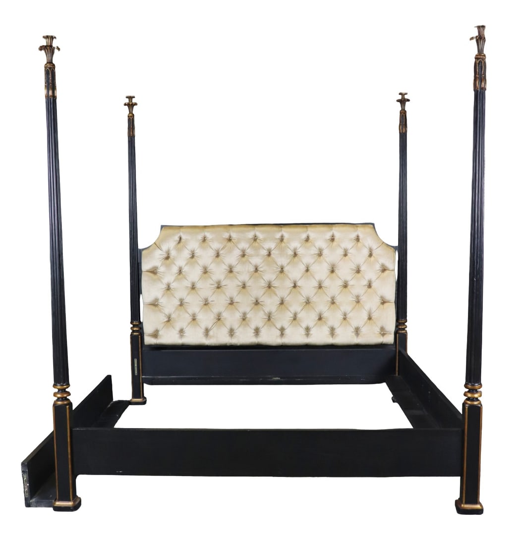 NANCY CORZINE POSTER KING SIZE BED: King size. Tufted upholstered headboard. Wood. Painted. Carved. 93" h x 83 3/8" w x 87 1/4" d.