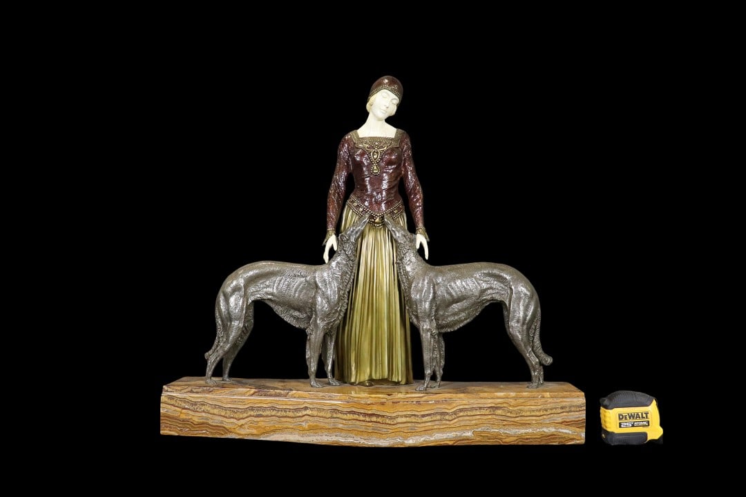 SIGNED CHIPAROS BRONZE & MARBLE LADY WITH 2 DOGS: Signed Chiparos on back of base. Bronze. Marble. 23 1/4" h x 25 1/2" w x 7 1/4" d.