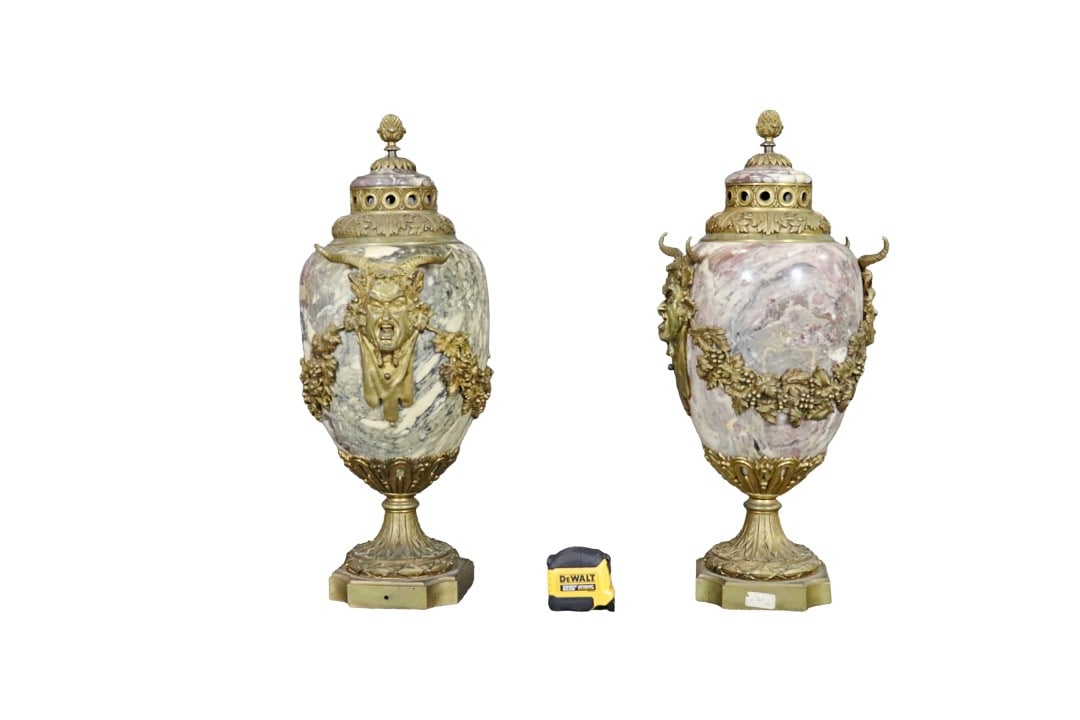 PAIR MARBLE BRONZE MOUNTED URNS (1 of 8)